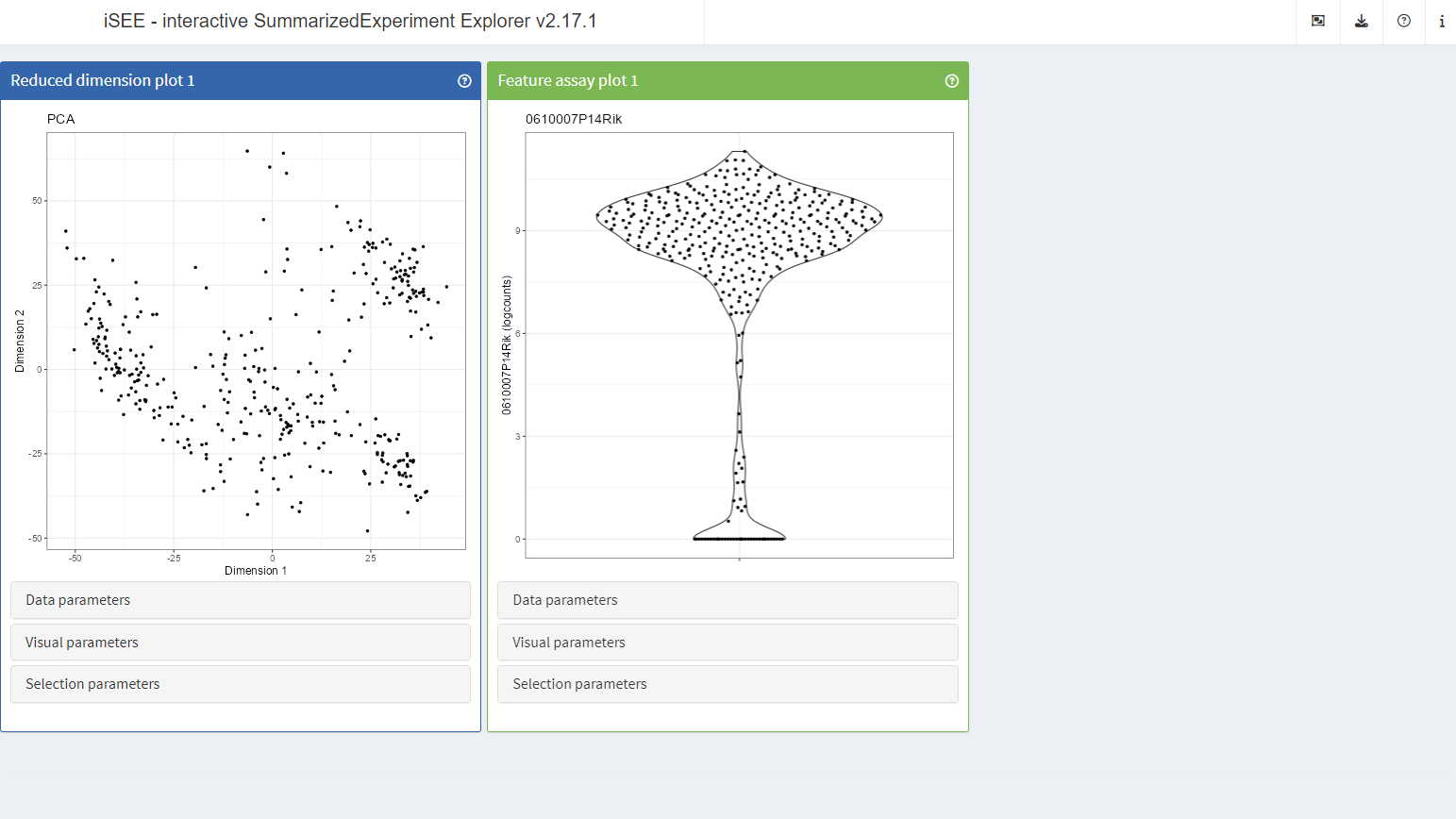 Screenshot of iSEE app launched in a predefined initial configuration.