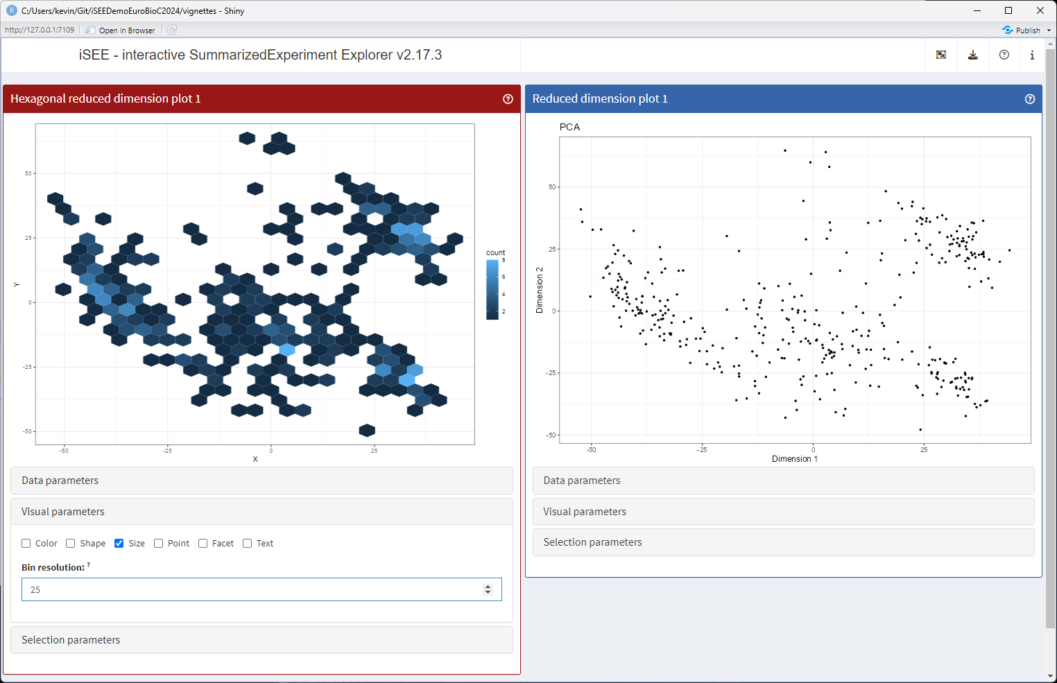 Screenshot of iSEE app including a parent ReducedDimensionPlot and a ReducedDimensionHexPlot extension after adding an observer in the child panel and using the value of the new interface element.