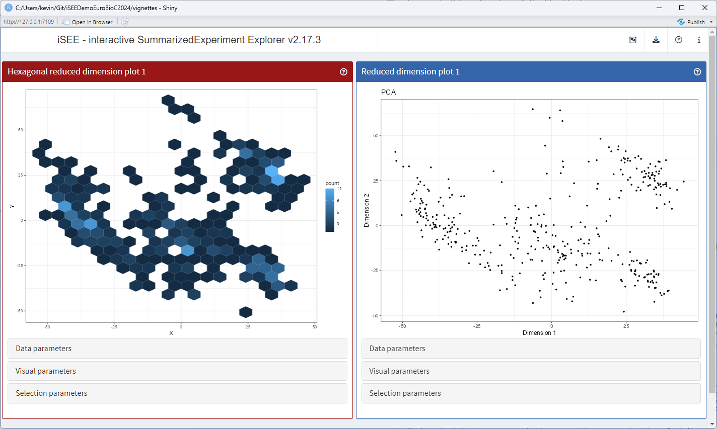 Screenshot of iSEE app including a parent ReducedDimensionPlot and a ReducedDimensionHexPlot extension after replacing the internal plotting code in the child panel.