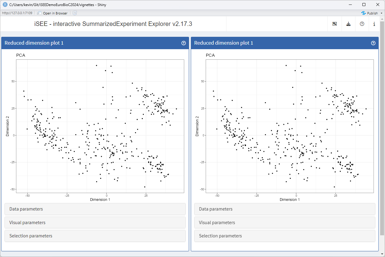 Screenshot of iSEE app including a parent ReducedDimensionPlot and a ReducedDimensionHexPlot extension.