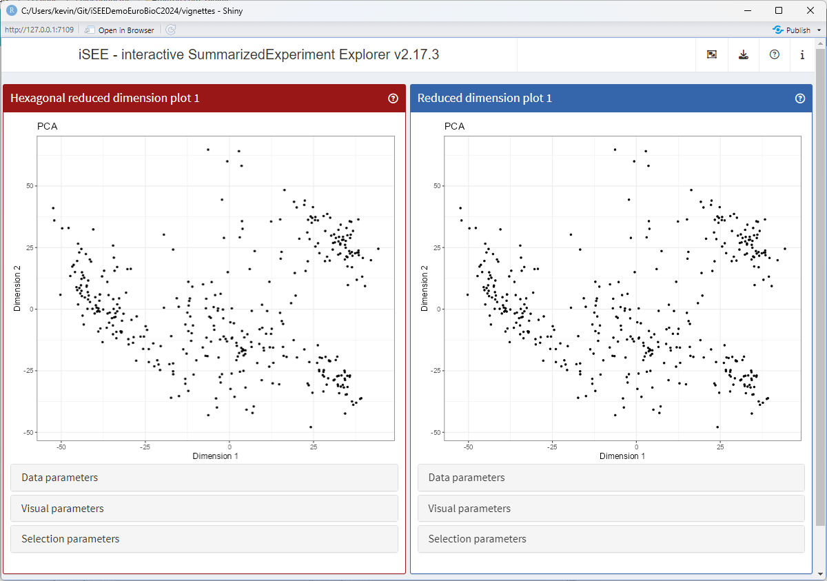 Screenshot of iSEE app including a parent ReducedDimensionPlot and a ReducedDimensionHexPlot extension after changing the background colour of the child panel.