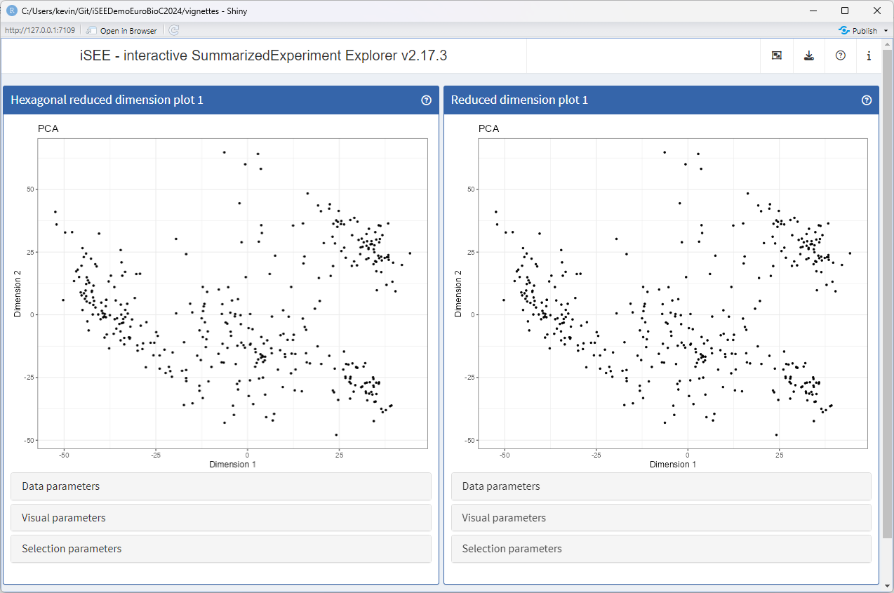 Screenshot of iSEE app including a parent ReducedDimensionPlot and a ReducedDimensionHexPlot extension after changing the full name of the child panel.