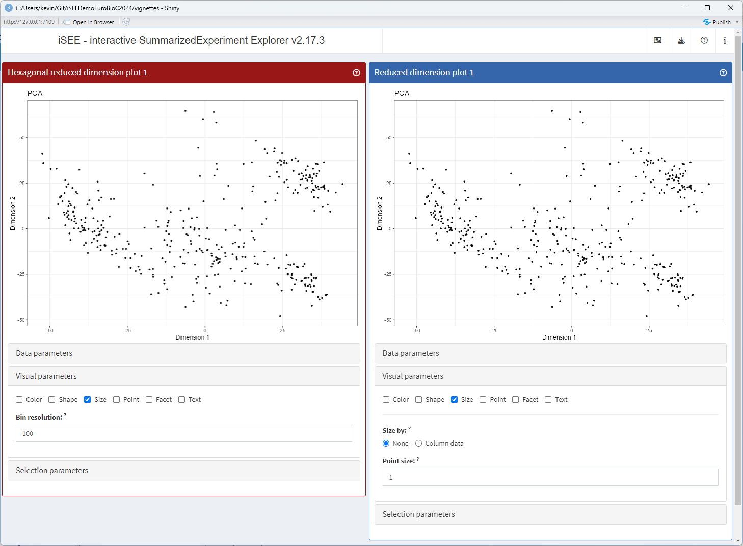 Screenshot of iSEE app including a parent ReducedDimensionPlot and a ReducedDimensionHexPlot extension after replacing the size parameter interface in the child panel.